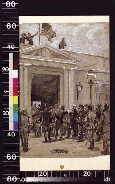 Wash drawing of uniformed men before a columned building with flag