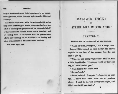 [Ragged Dick by Horatio Alger, Jr. (Boston, Loring, 1868): preface to end (p. 18), no illus.]