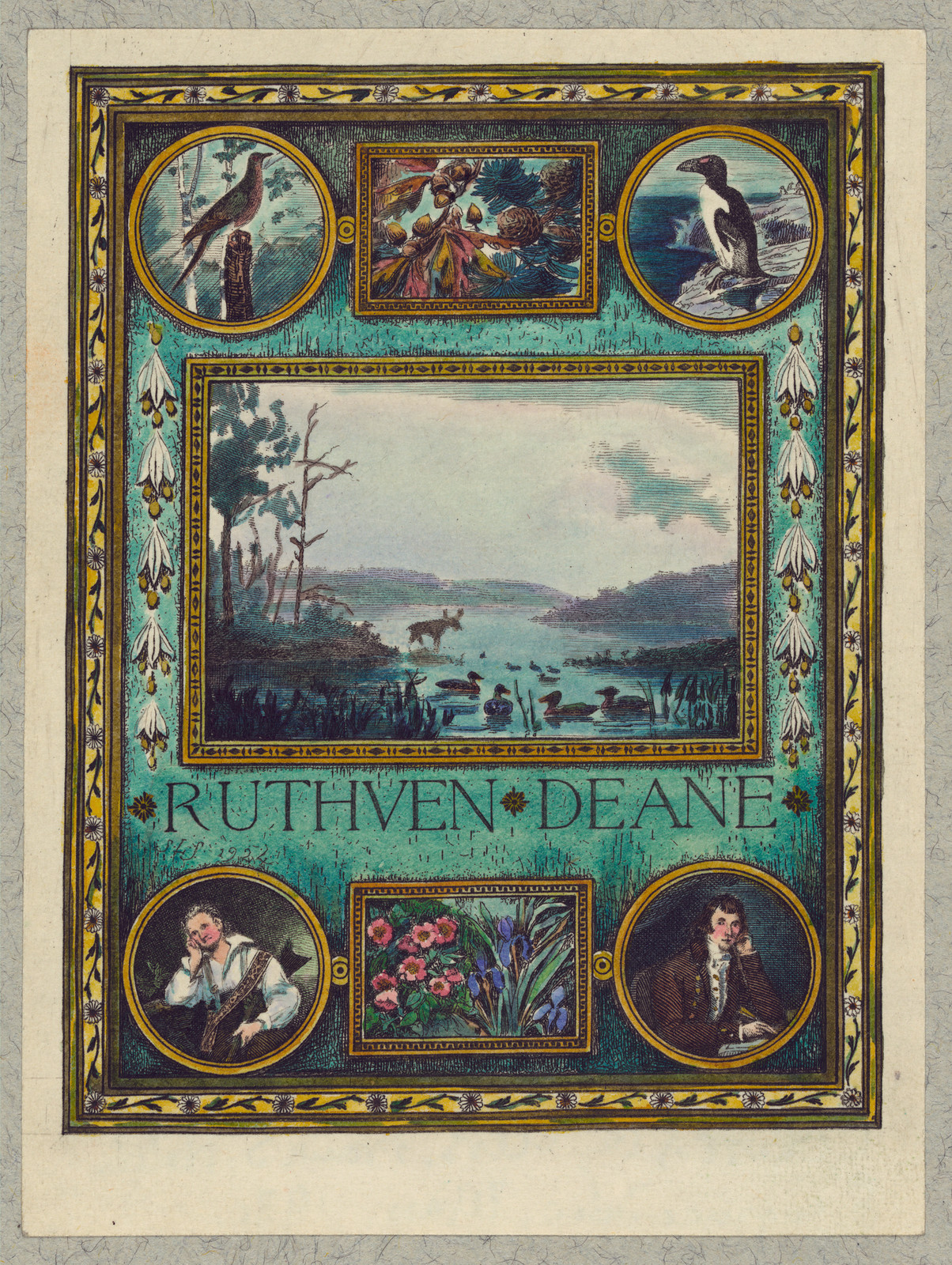 Bookplate of Ruthven Deane with birds, lake and flowers — historic image