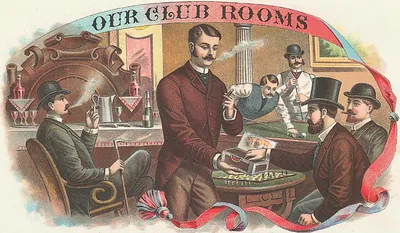 Our Club Rooms: gentlemen smoking and playing billiards, cigar label