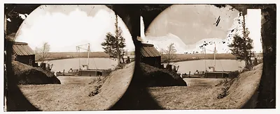Varina Landing James River Virginia. View of pontoon bridge and supply boat