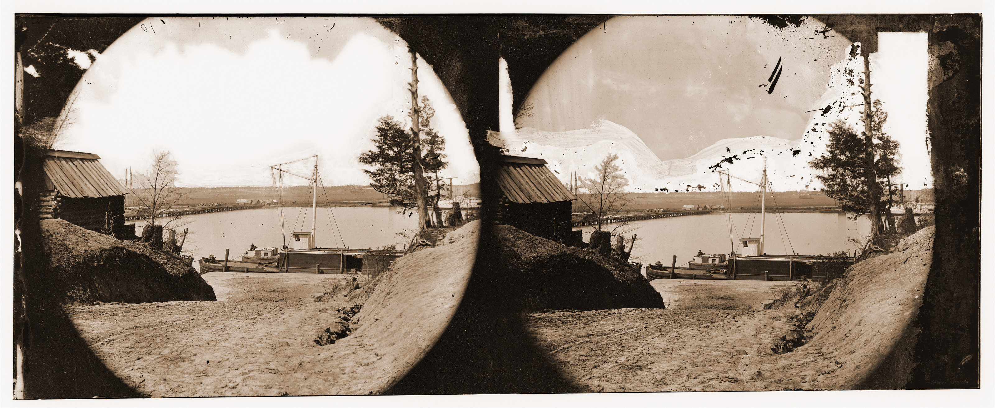 Varina Landing James River Virginia. View of pontoon bridge and supply boat, 1862 — historic photograph