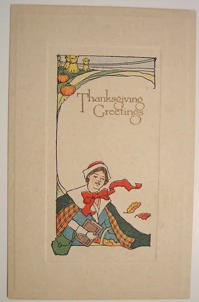 Thanksgiving Greetings postcard with child, pumpkins and wheat