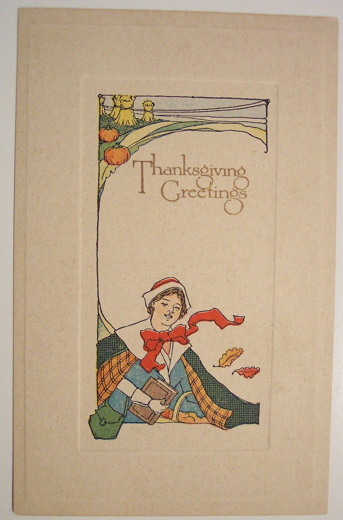 Thanksgiving Greetings postcard with child, pumpkins and wheat — vintage postcard