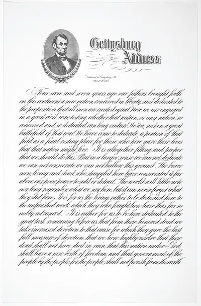Gettysburg Address with Lincoln portrait, calligraphic text