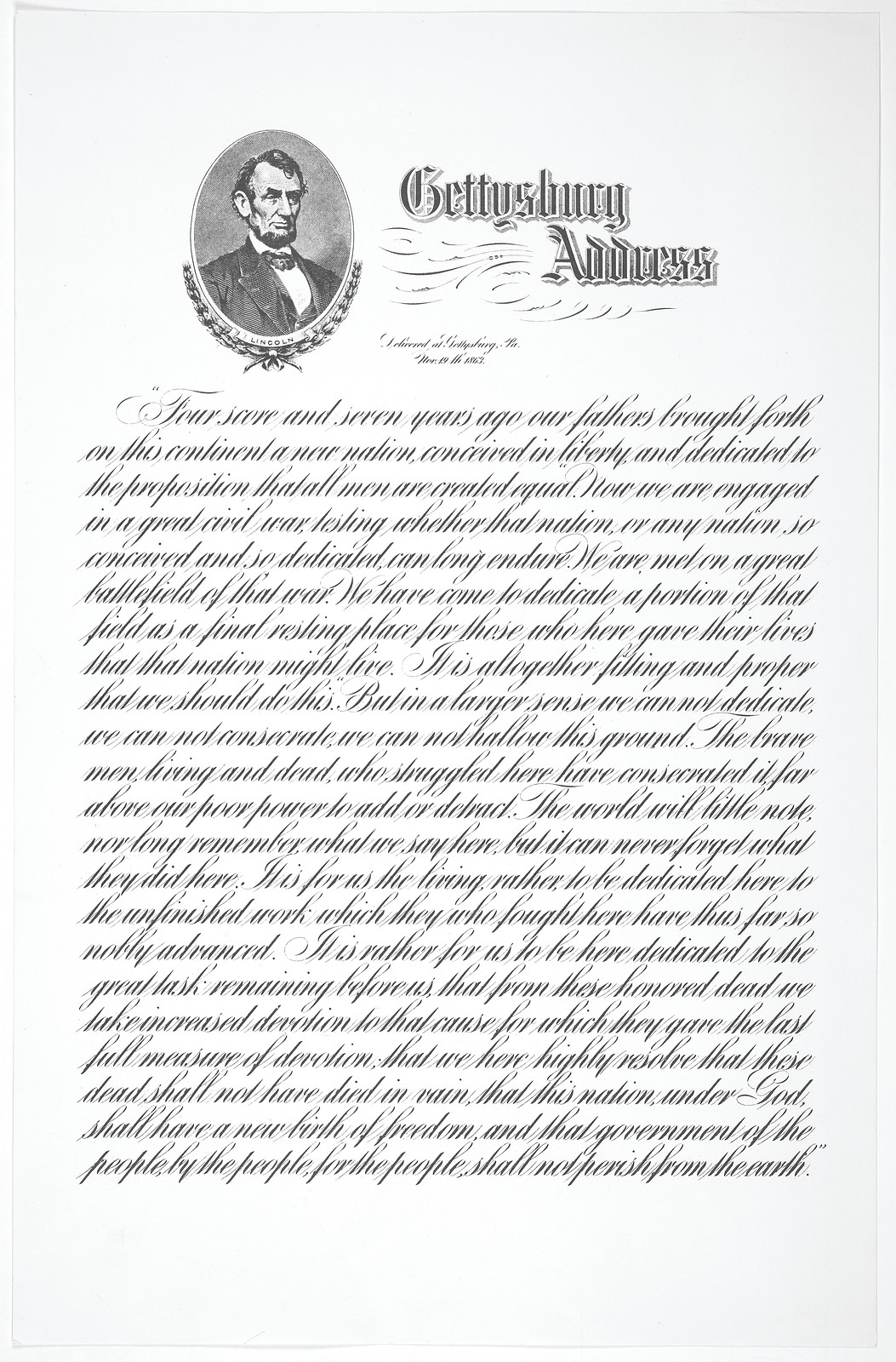 Gettysburg Address with Lincoln portrait, calligraphic text — historic image
