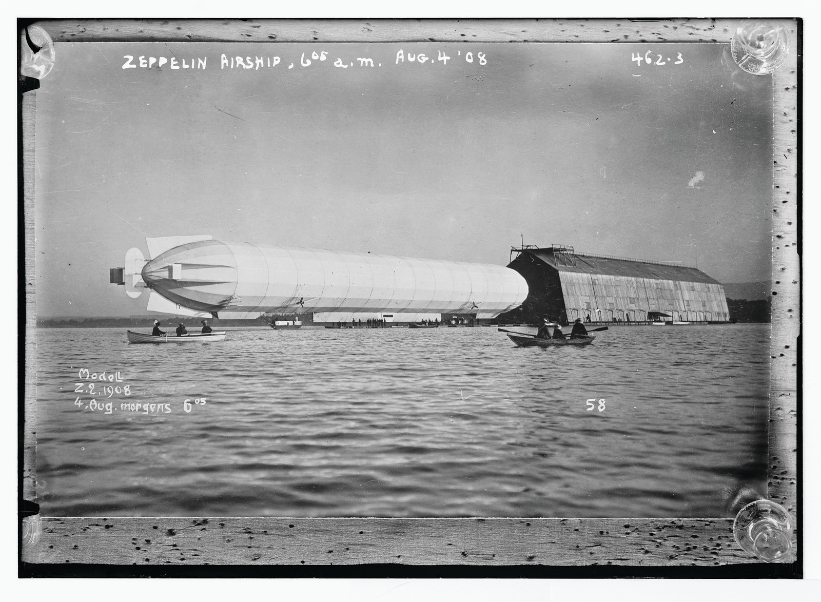Zeppelin airship seen from water at 6:05 AM, Aug.4, 1908. — historic photograph