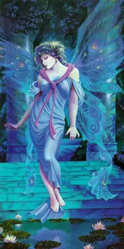 Winged fairy in blue gown on steps above water lilies