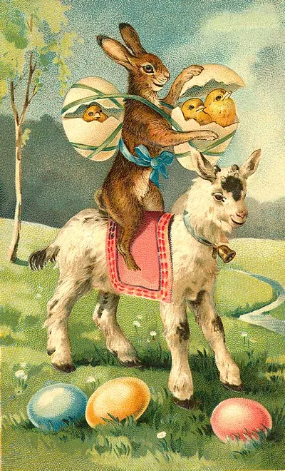 Rabbit riding a goat with Easter eggs and chicks