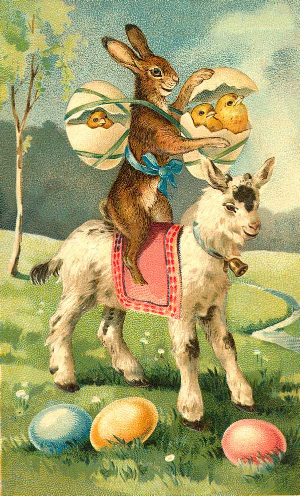 Rabbit riding a goat with Easter eggs and chicks — historic image