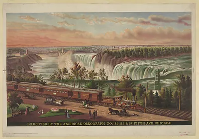 Niagara Falls with passing train, executed by American Oleograph Co.