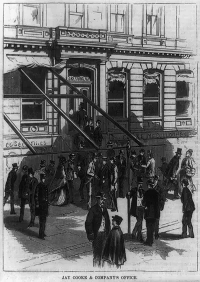 Scenes in Wall Street during the panic. Jay Cooke & Company's office