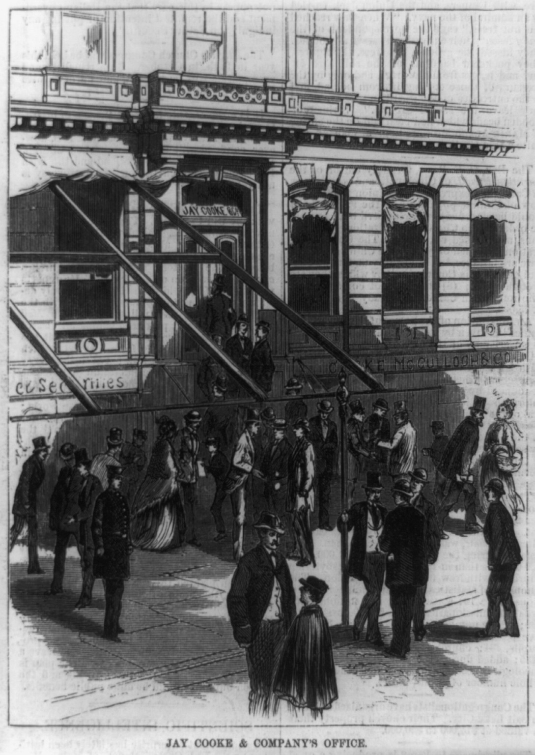 Scenes in Wall Street during the panic. Jay Cooke & Company's office, 1873 — antique engraving