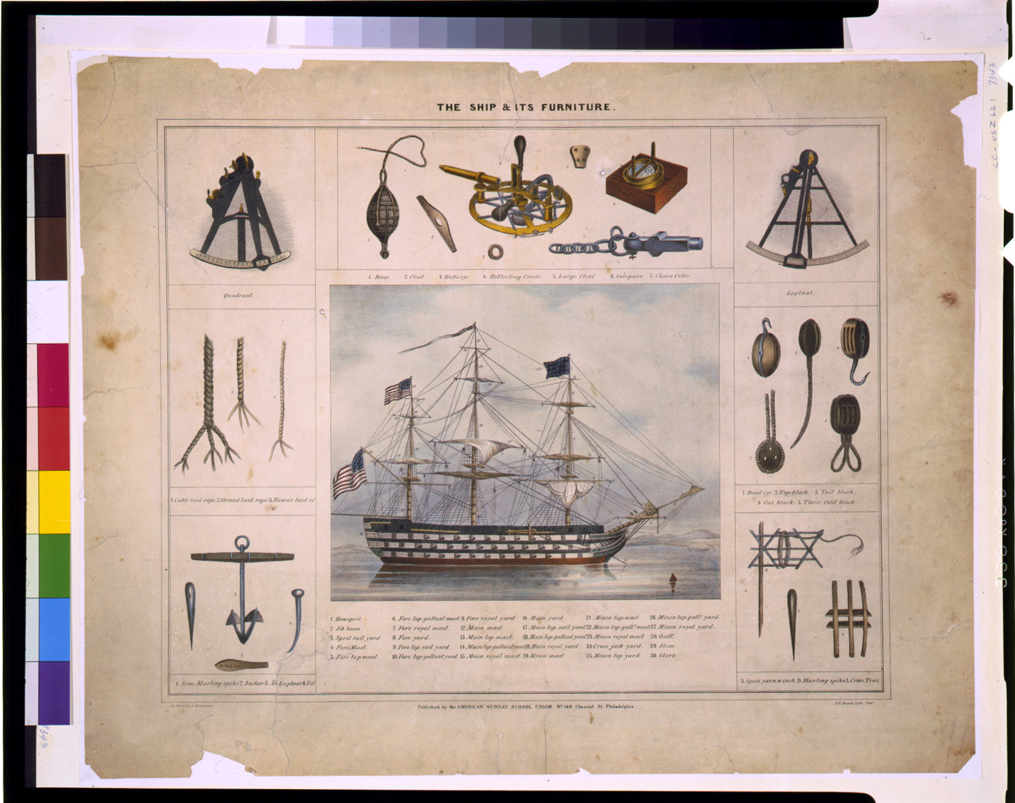 The ship & its furniture / On stone by L. Brechemin ; P.S. Duval, lith., Phila., Philadelphia : Published by the American Sunday School Union, [between 1850(?) and 1866] — antique lithograph