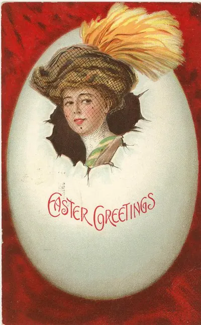 Easter Greetings postcard with woman in egg