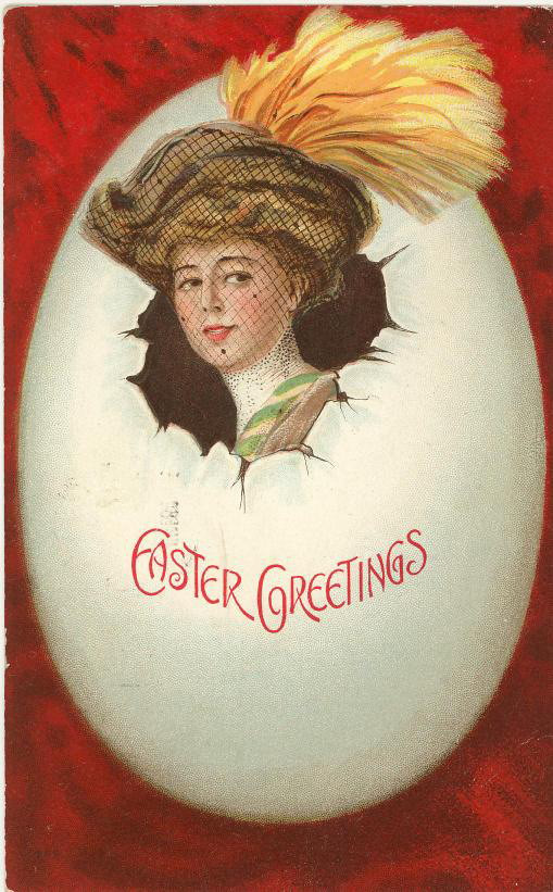 Easter Greetings postcard with woman in egg — vintage postcard