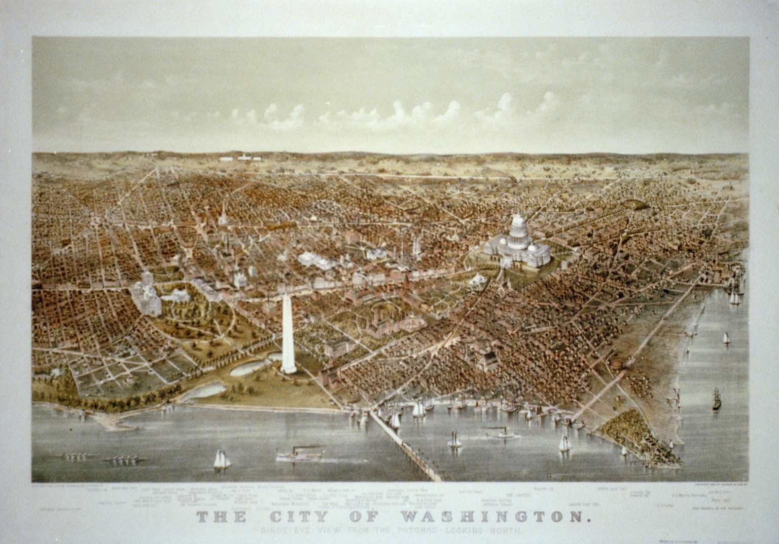 The City of Washington Birds-Eye view from the Potomac-looking North., New York : Published by Currier & Ives, c1892. — antique lithograph