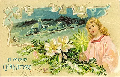 A Merry Christmas greeting card with girl and candle