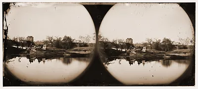 Richmond Virginia. Ruins of Richmond & Petersburg railroad bridge from island in Ja