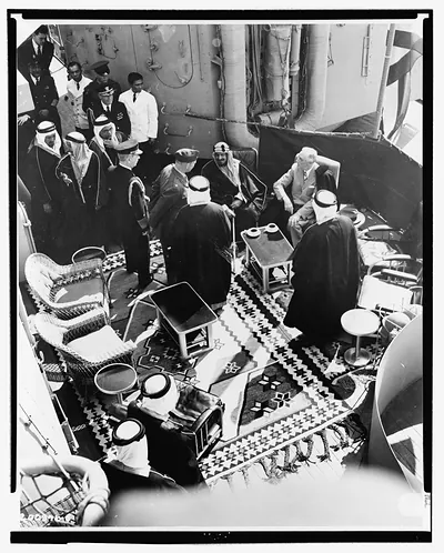 [President Roosevelt conferring with the King of Arabia aboard U.S. warship, Cairo, Egypt]