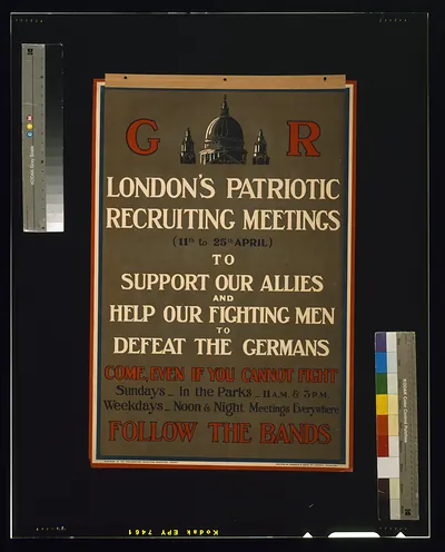 London's patriotic recruiting meetings [...] Follow the bands / printed by Roberts & Leete Ltd., London.