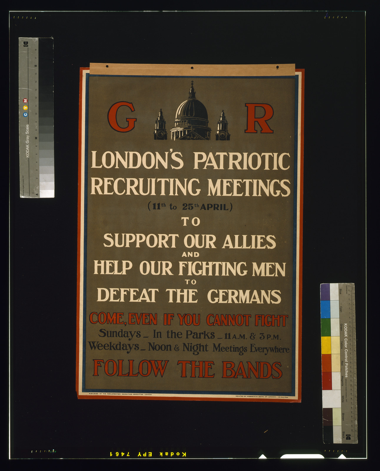 London's patriotic recruiting meetings [...] Follow the bands / printed by Roberts & Leete Ltd., London., London : Parliamentary Recruiting Committee, [1915] — vintage poster