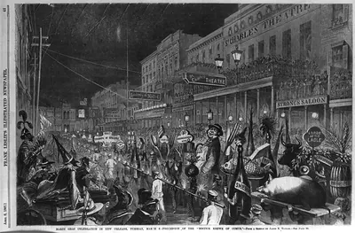 Mardi Gras celebration in New Orleans, Tuesday, March 6 - Procession of the Mistick Krewe of Comus" [Epicurean floats]"