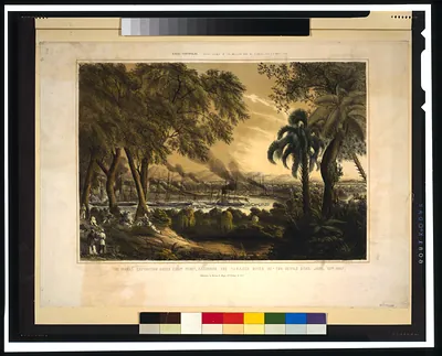 The naval expedition under Com..re Perry, assending [sic] the Tabasco River at the Devils Bend--June, 15th 1847 / lith. of Sarony & Major ; designed & drawn on stone by H. Walke Lt. U.S.N.