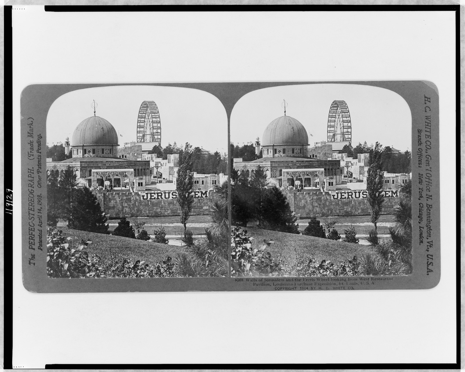 Walls of Jerusalem and the ferris wheel looking from west restaurant pavilion Louisiana Purchase Exposition St. Louis U.S.A., 1904 — historic photograph