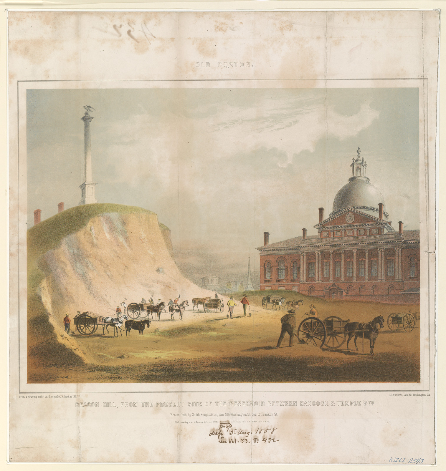 Old Boston. Beacon Hill from the present site of the reservoir between Hancock & Temple Sts., Boston : Smith, Knight & Tappan, c1858 August 5. — antique lithograph
