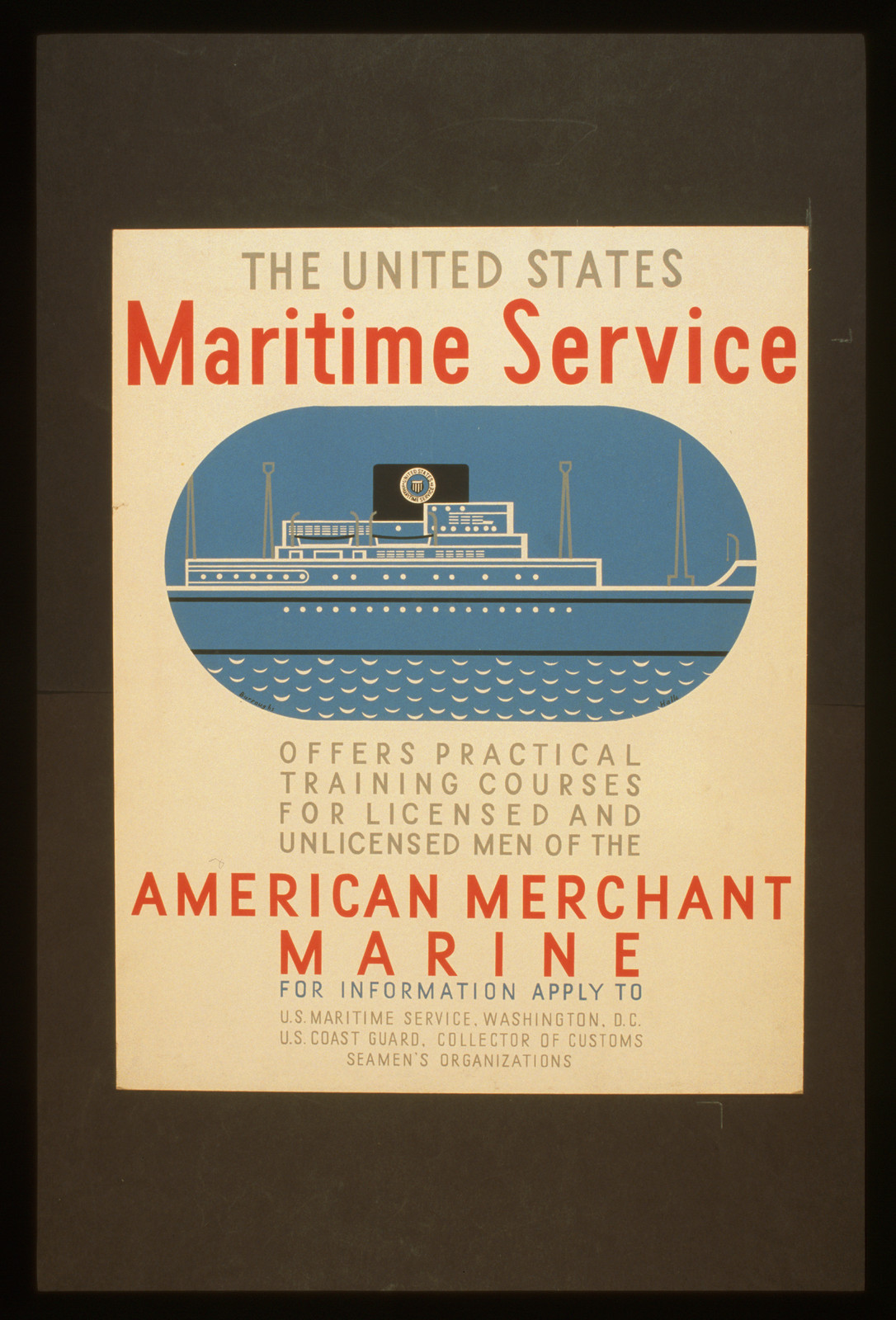 The United States Maritime Service offers practical training courses for licensed and, 1936 — vintage poster