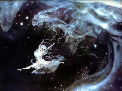 Ethereal dancing figure among glowing nebula clouds and stars