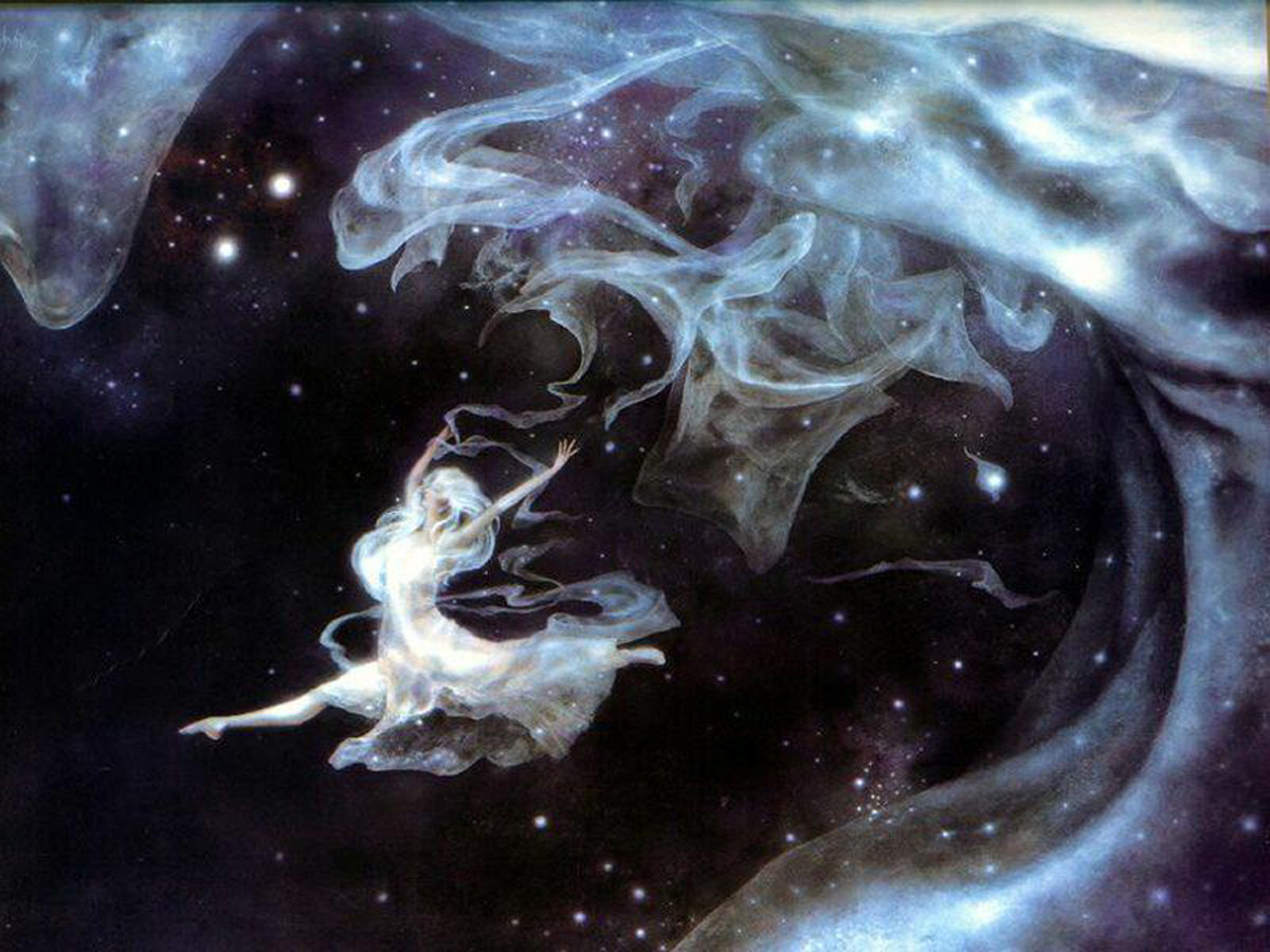 Ethereal dancing figure among glowing nebula clouds and stars — historic image