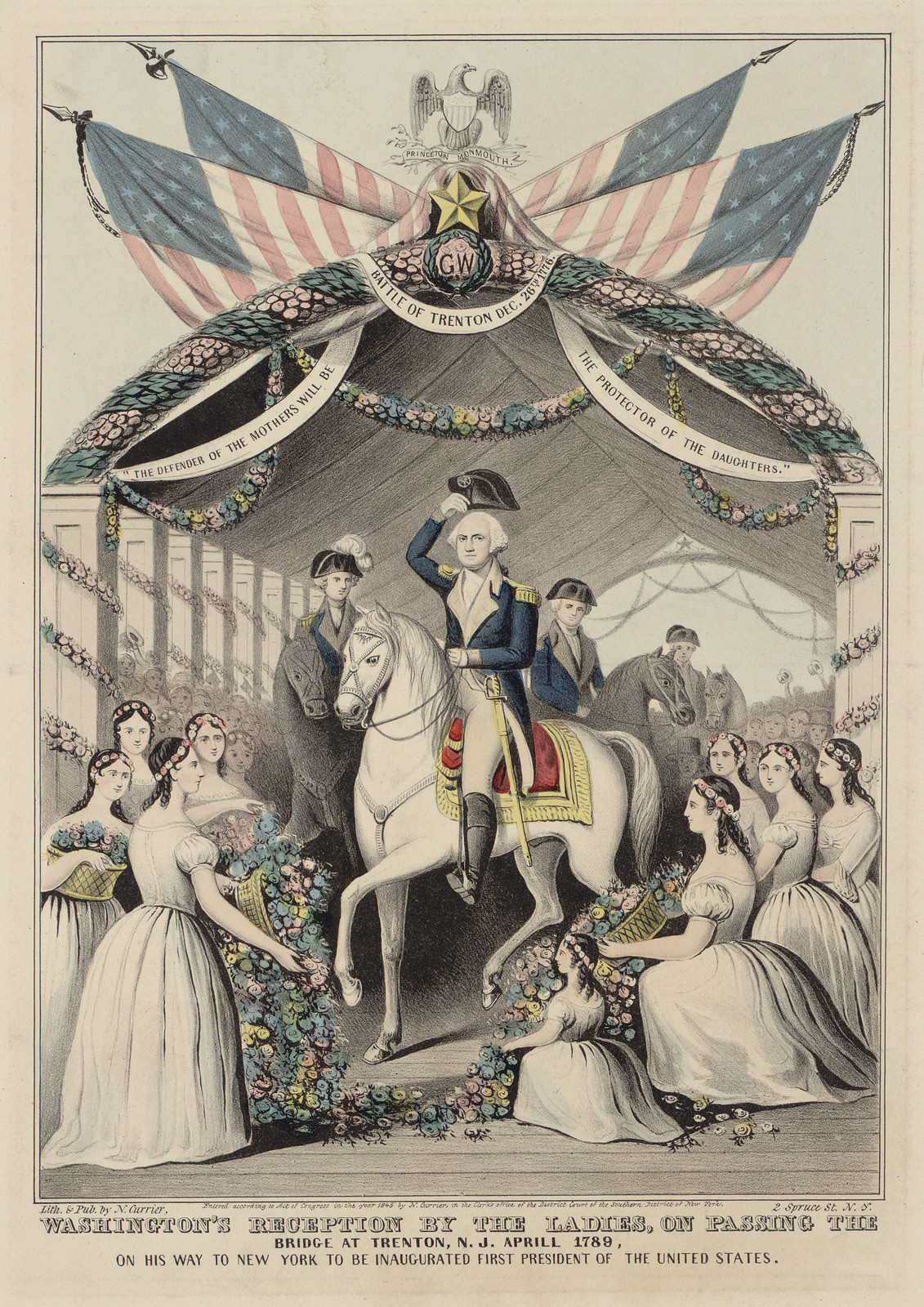 Washington's Reception By The Ladies, On Passing The Bridge At Trenton, N.J., April, 1789 On His Way To Be Inaugurated First President Of The United States, c. 1845 — historic image
