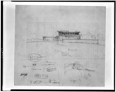 Pencil architectural sketch of a building on grid paper