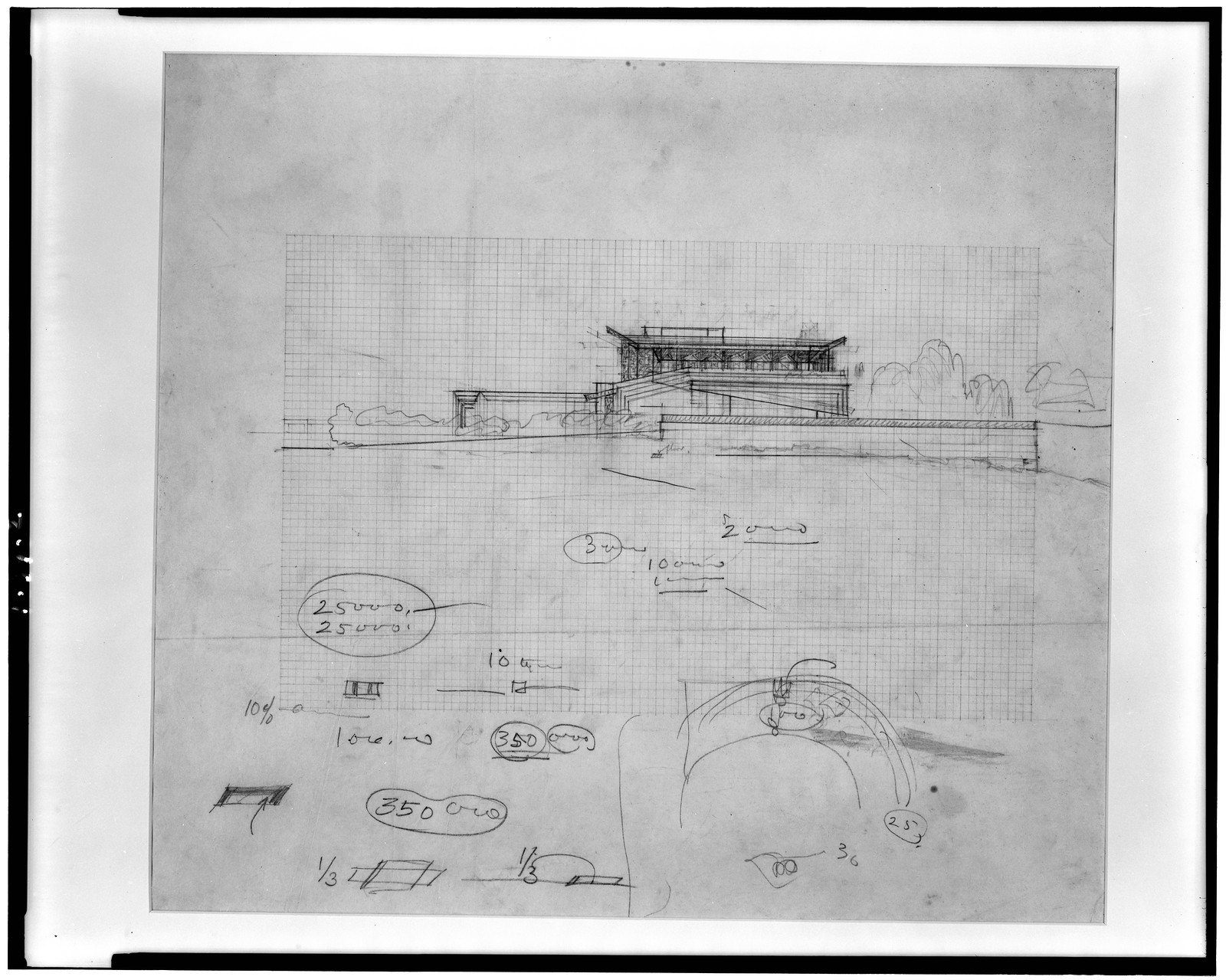 Pencil architectural sketch of a building on grid paper — vintage poster