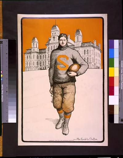 [Syracuse football player, full-length, standing, facing front, with Syracuse University behind him] / Mae Goodelle Chaffee.