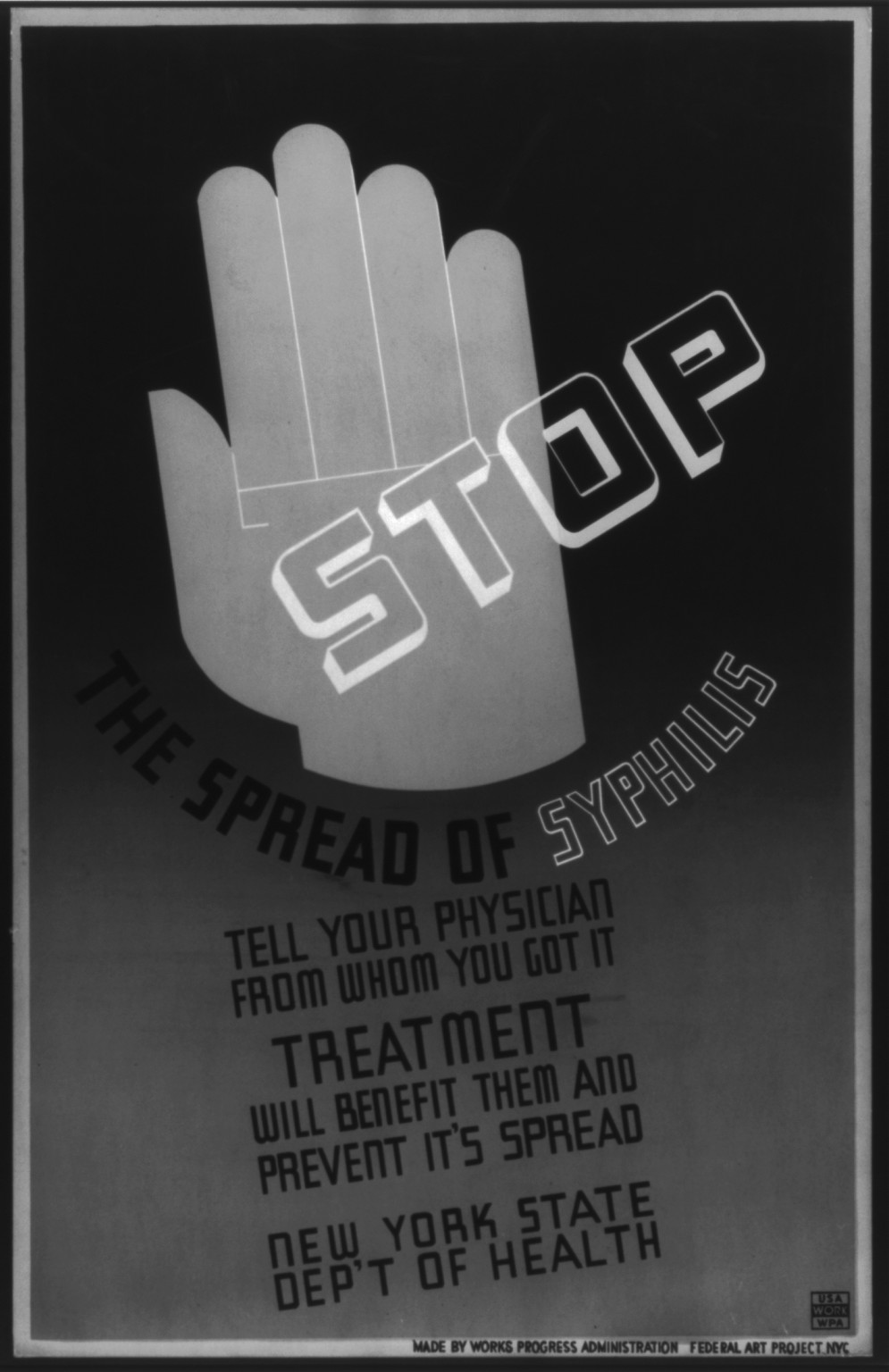 Stop the spread of syphilis Tell your physician from whom you got it (S) Treatment will, 1936 — vintage poster