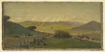 Painted battlefield landscape with soldiers, horses and wagons