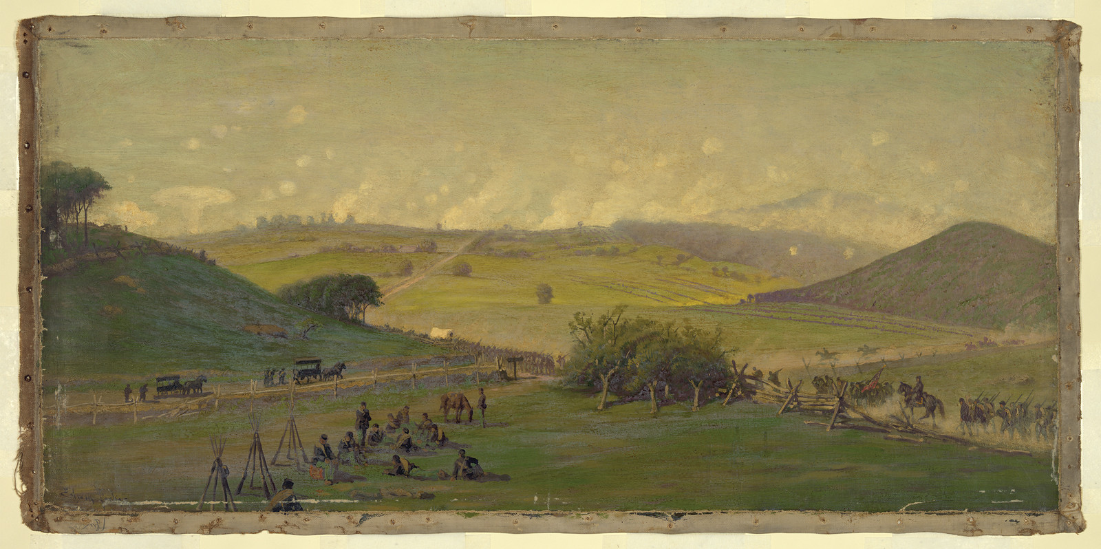 Painted battlefield landscape with soldiers, horses and wagons — historic image