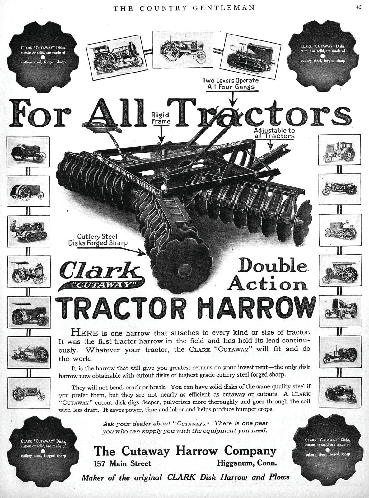 For All Tractors: Clark Cutaway Double Action Tractor Harrow advertisement — historic image