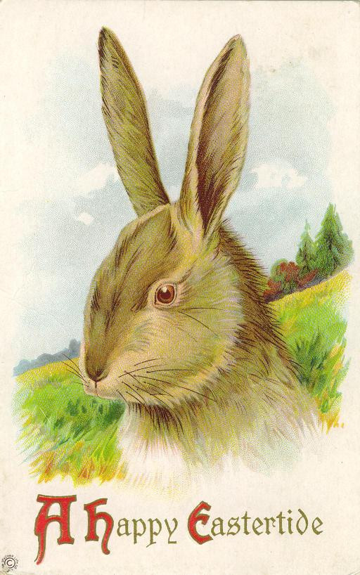 Easter greeting card with rabbit, A Happy Eastertide — historic image