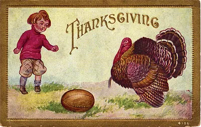 Thanksgiving postcard with boy kicking football and turkey