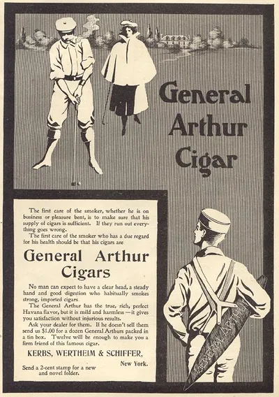 General Arthur Cigar advertisement with golfers and caddy