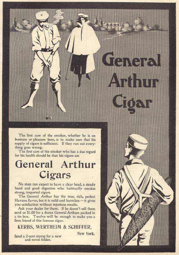 General Arthur Cigar advertisement with golfers and caddy — historic image
