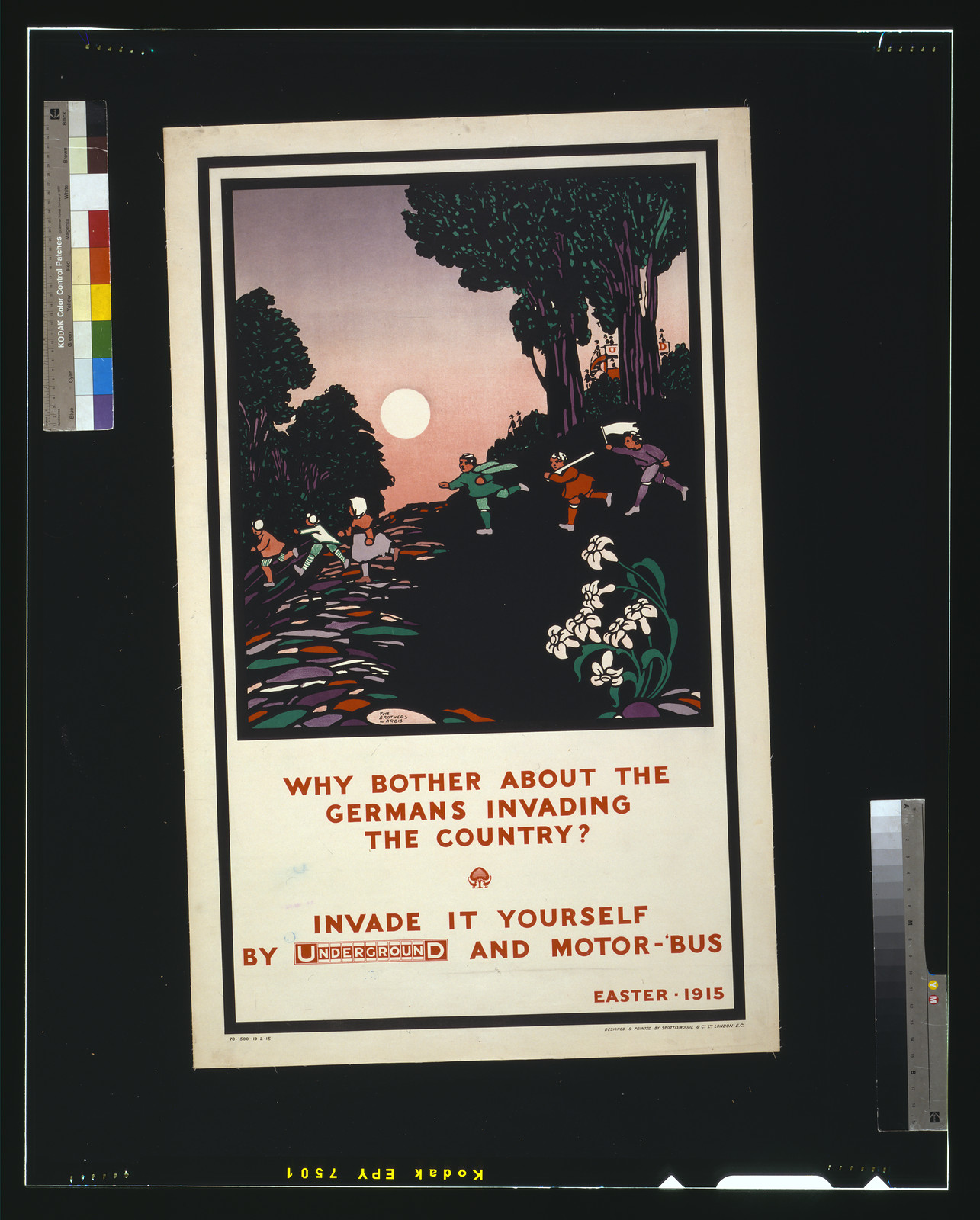 Why bother about the Germans invading the country? Invade it yourself by Underground and motor-bus. Easter - 1915 / The Brothers Warbis designed printed by Spottiswoode Co. Ltd. London E.C., 1915 — vintage poster