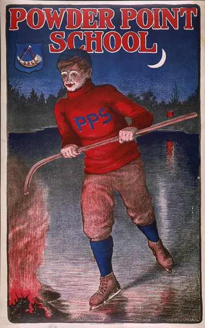 Powder Point School poster: boy skating with hockey stick