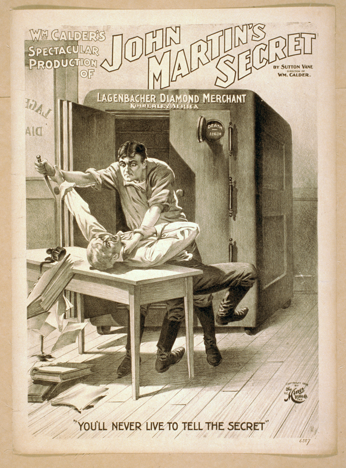 Wm. Calders spectacular production of John Martins secret by Sutton Vane., 1898 — vintage poster