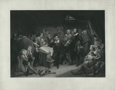 Engraving of colonists gathered around a table in a cabin