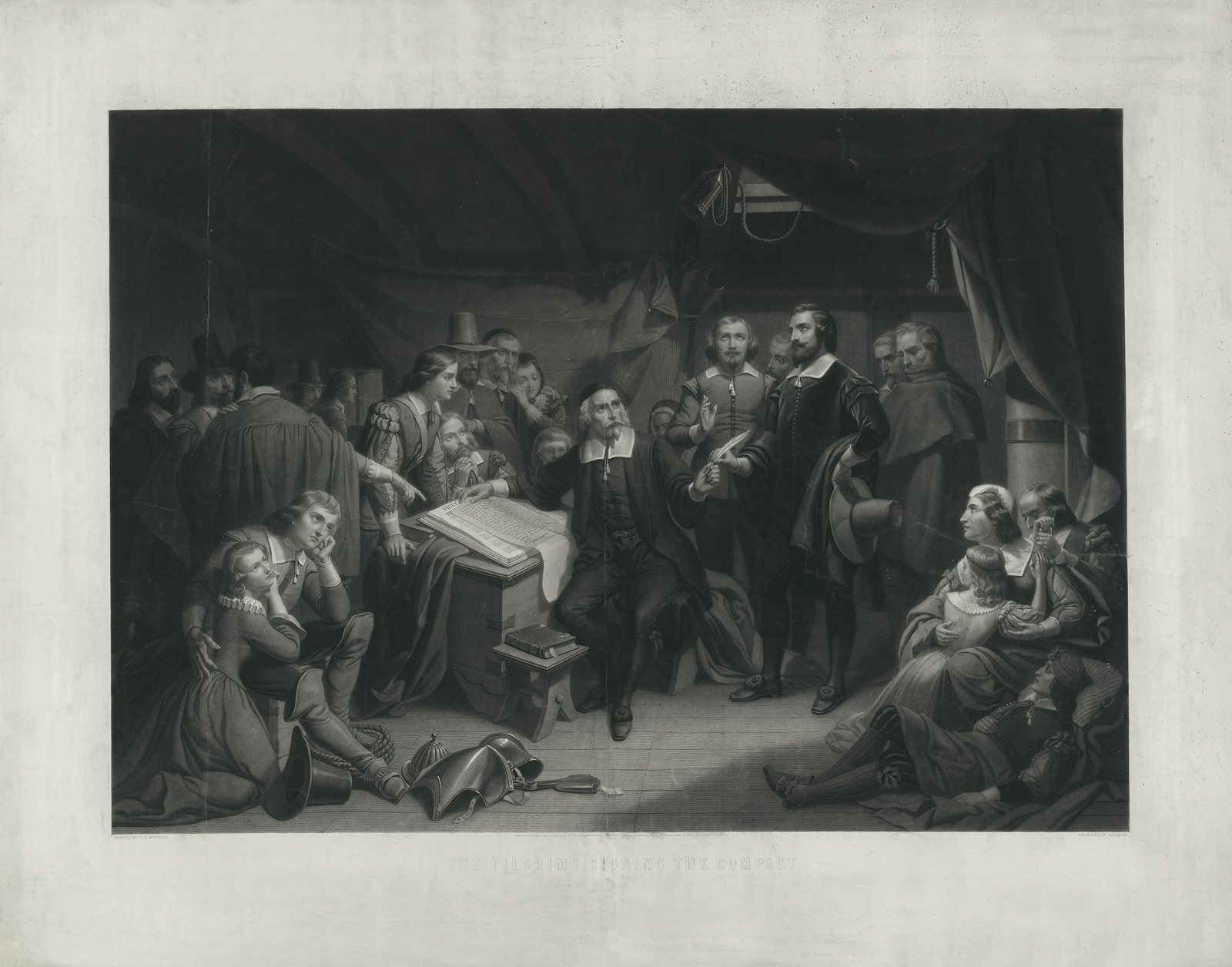 Engraving of colonists gathered around a table in a cabin — antique engraving